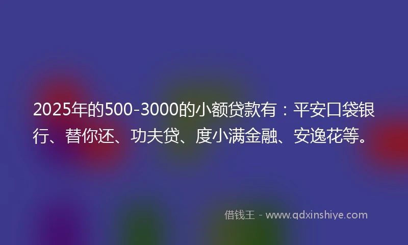 2025年的500-3000的小额贷款有：平安口袋银行、替你还、功夫贷、度小满金融、安逸花等。
