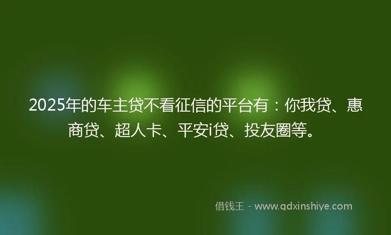 2025年的车主贷不看征信的平台有：你我贷、惠商贷、超人卡、平安i贷、投友圈等。