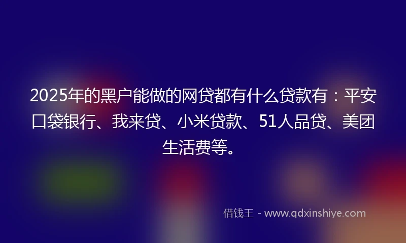 2025年的黑户能做的网贷都有什么贷款有：平安口袋银行、我来贷、小米贷款、51人品贷、美团生活费等。