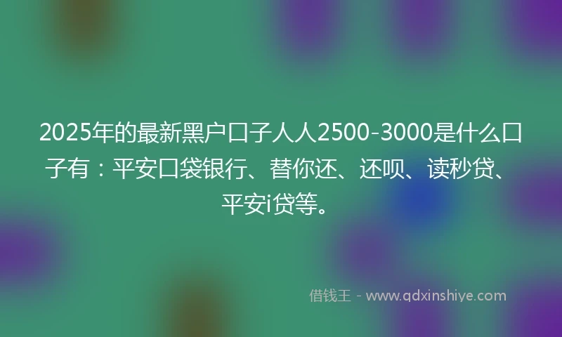 2025年的最新黑户口子人人2500-3000是什么口子有：平安口袋银行、替你还、还呗、读秒贷、平安i贷等。
