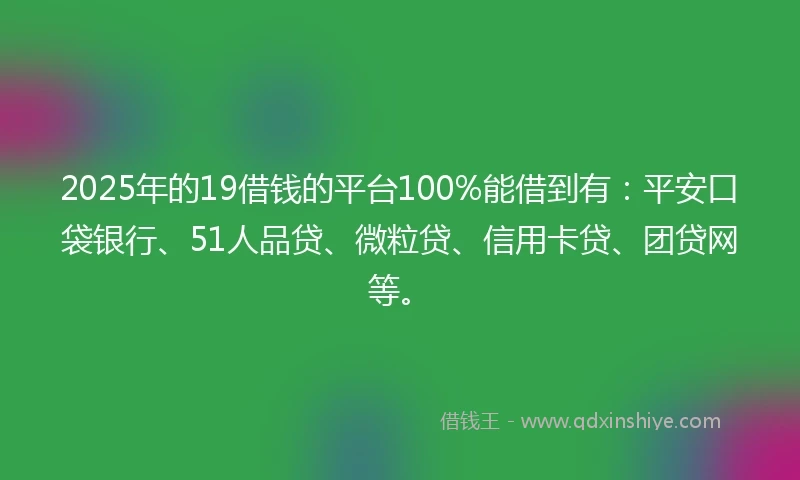 2025年的19借钱的平台100%能借到有：平安口袋银行、51人品贷、微粒贷、信用卡贷、团贷网等。