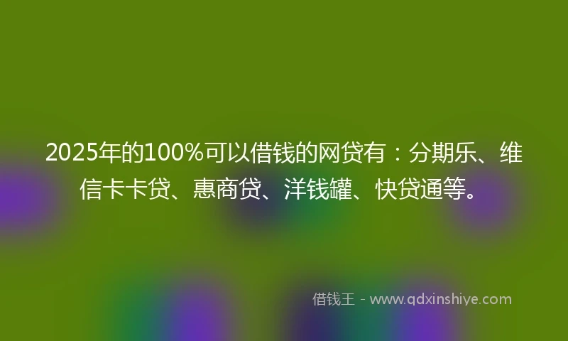 2025年的100%可以借钱的网贷有：分期乐、维信卡卡贷、惠商贷、洋钱罐、快贷通等。