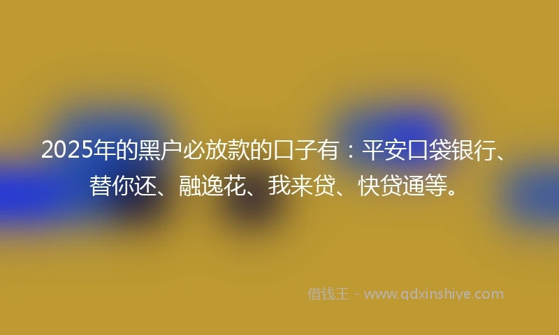 2025年的黑户必放款的口子有：平安口袋银行、替你还、融逸花、我来贷、快贷通等。