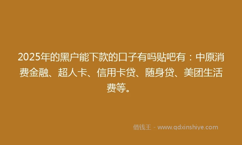 2025年的黑户能下款的口子有吗贴吧有：中原消费金融、超人卡、信用卡贷、随身贷、美团生活费等。