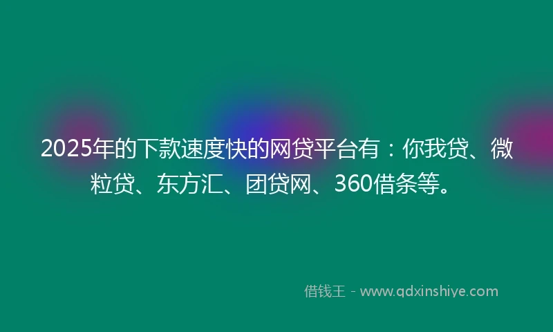 2025年的下款速度快的网贷平台有：你我贷、微粒贷、东方汇、团贷网、360借条等。