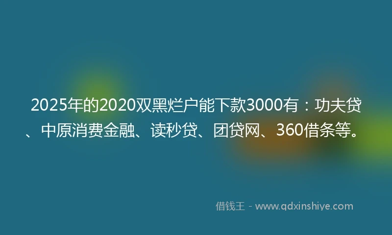 2025年的2020双黑烂户能下款3000有：功夫贷、中原消费金融、读秒贷、团贷网、360借条等。