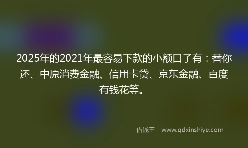 2025年的2021年最容易下款的小额口子有：替你还、中原消费金融、信用卡贷、京东金融、百度有钱花等。
