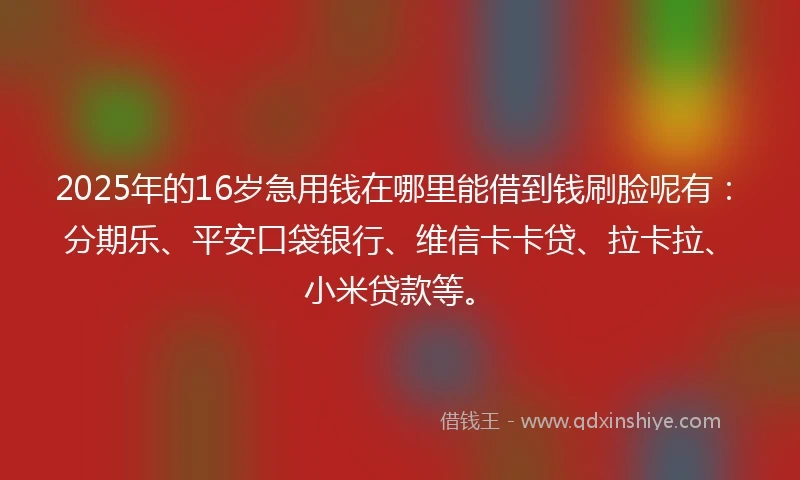 2025年的16岁急用钱在哪里能借到钱刷脸呢有：分期乐、平安口袋银行、维信卡卡贷、拉卡拉、小米贷款等。