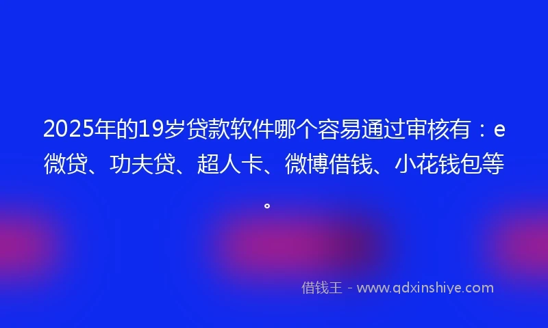 2025年的19岁贷款软件哪个容易通过审核有：e微贷、功夫贷、超人卡、微博借钱、小花钱包等。