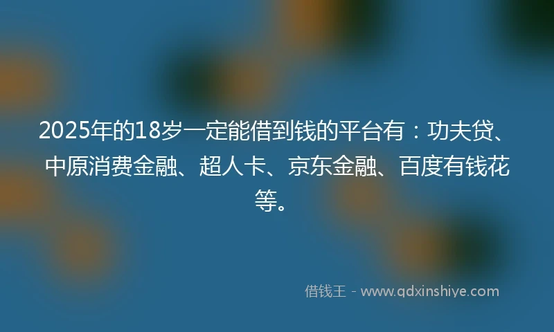 2025年的18岁一定能借到钱的平台有：功夫贷、中原消费金融、超人卡、京东金融、百度有钱花等。