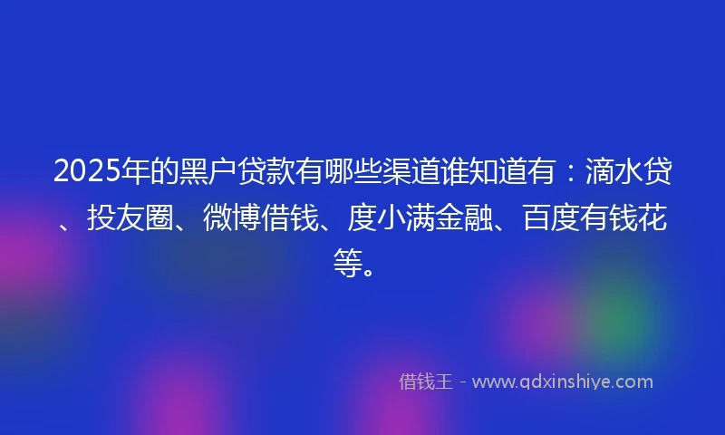 2025年的黑户贷款有哪些渠道谁知道有：滴水贷、投友圈、微博借钱、度小满金融、百度有钱花等。