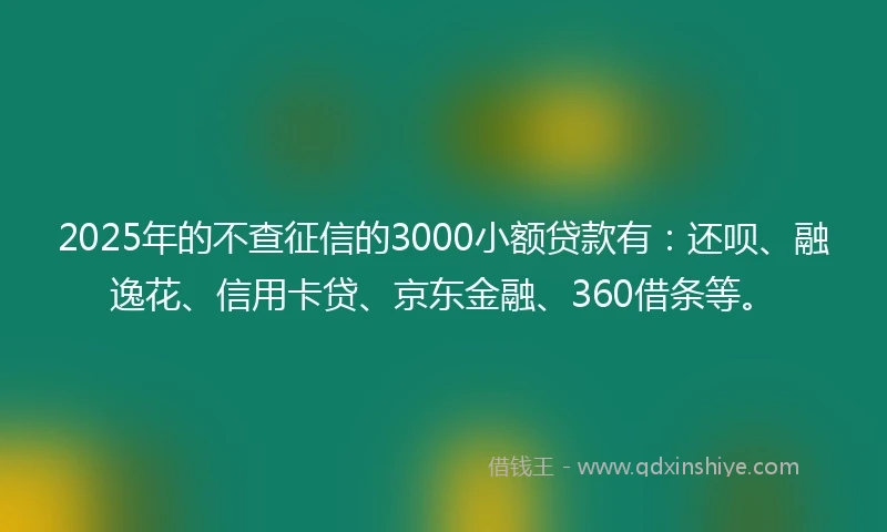 2025年的不查征信的3000小额贷款有：还呗、融逸花、信用卡贷、京东金融、360借条等。