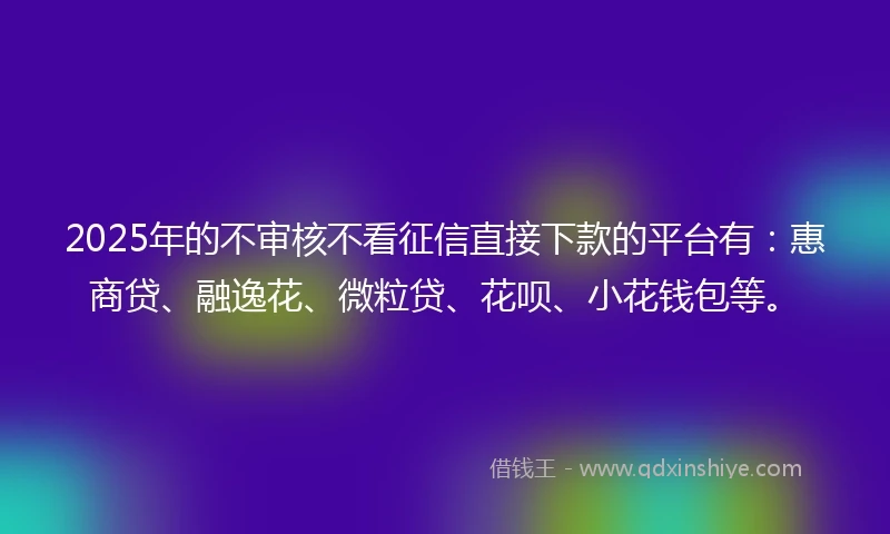 2025年的不审核不看征信直接下款的平台有：惠商贷、融逸花、微粒贷、花呗、小花钱包等。