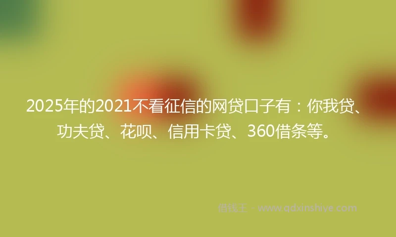 2025年的2021不看征信的网贷口子有：你我贷、功夫贷、花呗、信用卡贷、360借条等。