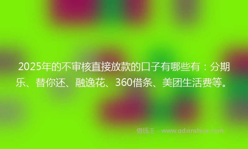 2025年的不审核直接放款的口子有哪些有：分期乐、替你还、融逸花、360借条、美团生活费等。