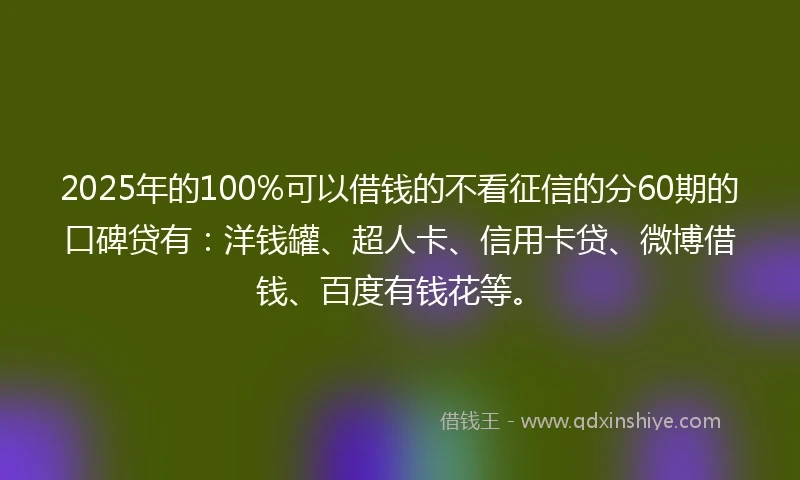 2025年的100%可以借钱的不看征信的分60期的口碑贷有：洋钱罐、超人卡、信用卡贷、微博借钱、百度有钱花等。