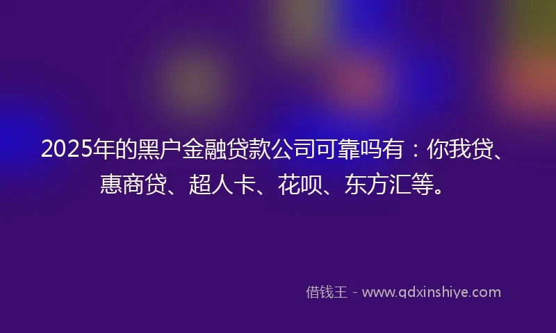 2025年的黑户金融贷款公司可靠吗有：你我贷、惠商贷、超人卡、花呗、东方汇等。