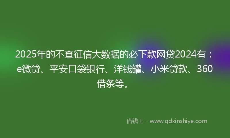 2025年的不查征信大数据的必下款网贷2024有：e微贷、平安口袋银行、洋钱罐、小米贷款、360借条等。
