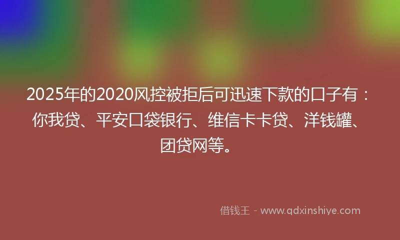 2025年的2020风控被拒后可迅速下款的口子有：你我贷、平安口袋银行、维信卡卡贷、洋钱罐、团贷网等。