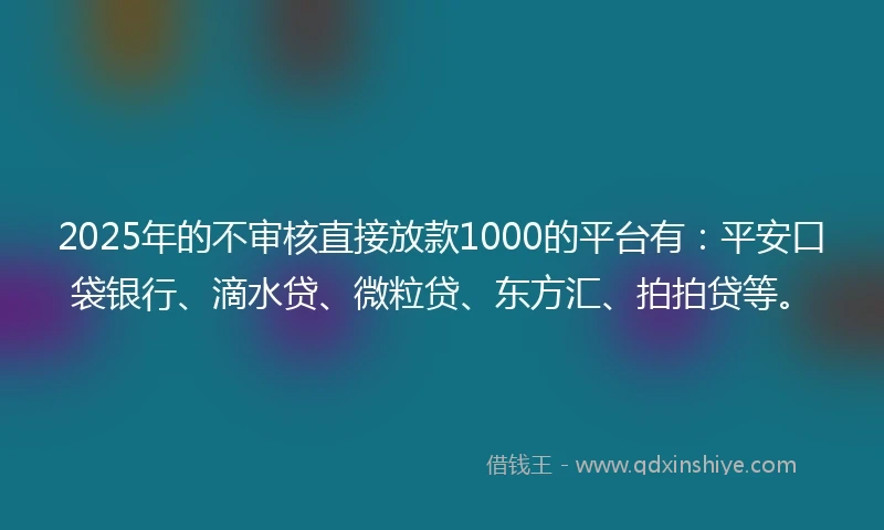 2025年的不审核直接放款1000的平台有：平安口袋银行、滴水贷、微粒贷、东方汇、拍拍贷等。
