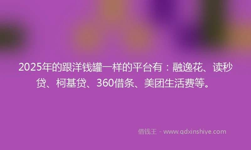 2025年的跟洋钱罐一样的平台有：融逸花、读秒贷、柯基贷、360借条、美团生活费等。