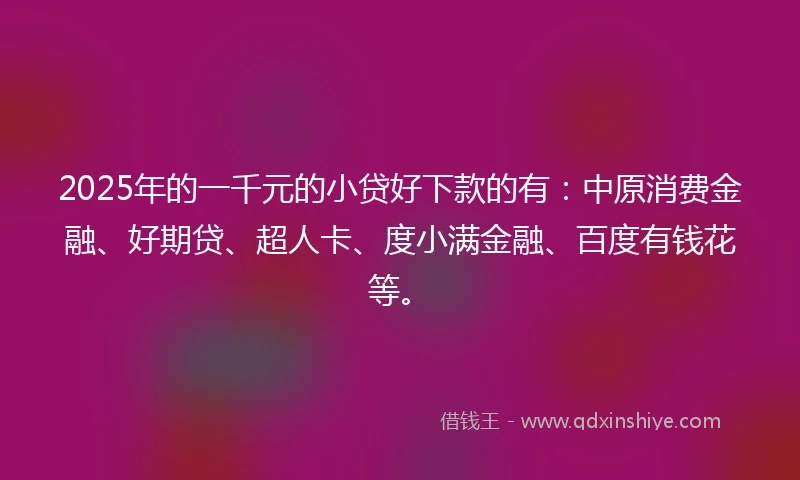 2025年的一千元的小贷好下款的有：中原消费金融、好期贷、超人卡、度小满金融、百度有钱花等。