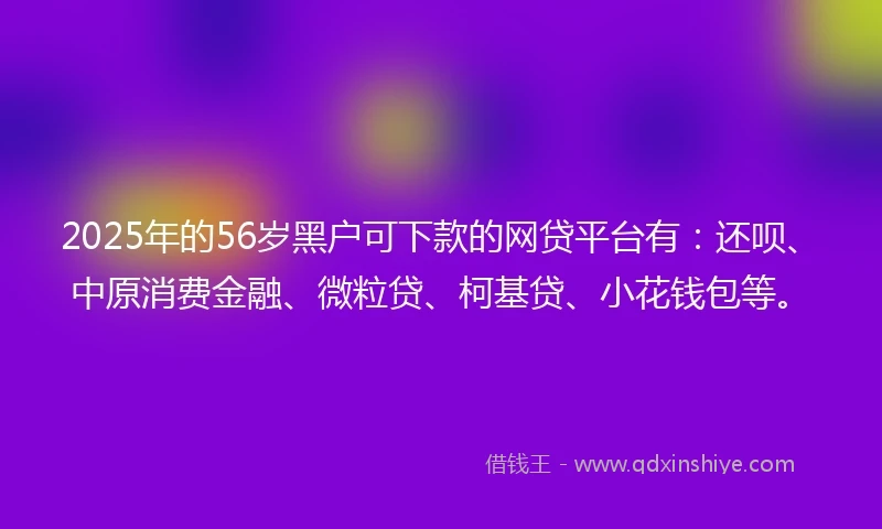 2025年的56岁黑户可下款的网贷平台有：还呗、中原消费金融、微粒贷、柯基贷、小花钱包等。