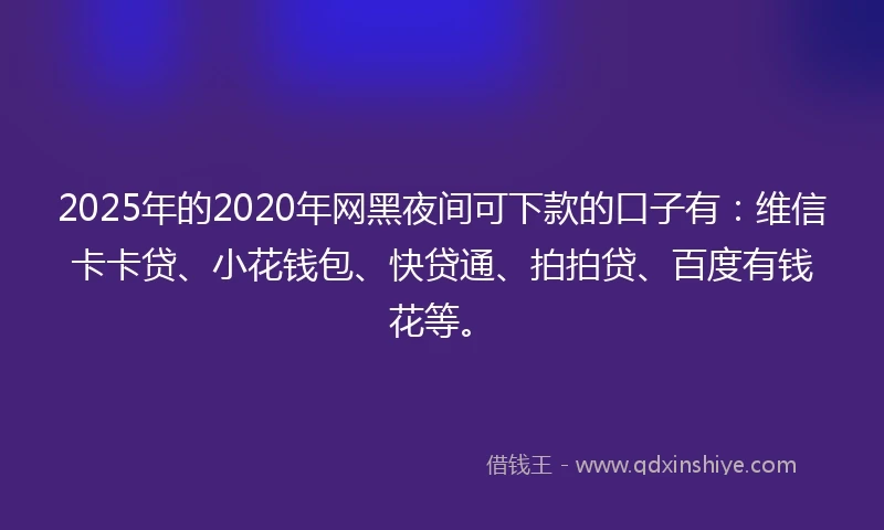 2025年的2020年网黑夜间可下款的口子有：维信卡卡贷、小花钱包、快贷通、拍拍贷、百度有钱花等。