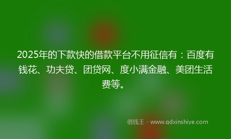 2025年的下款快的借款平台不用征信有：百度有钱花、功夫贷、团贷网、度小满金融、美团生活费等。