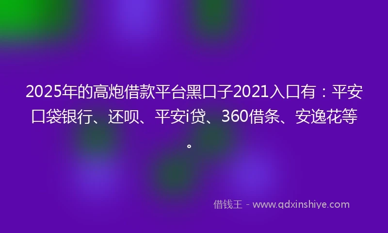 2025年的高炮借款平台黑口子2021入口有：平安口袋银行、还呗、平安i贷、360借条、安逸花等。