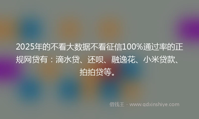 2025年的不看大数据不看征信100%通过率的正规网贷有：滴水贷、还呗、融逸花、小米贷款、拍拍贷等。