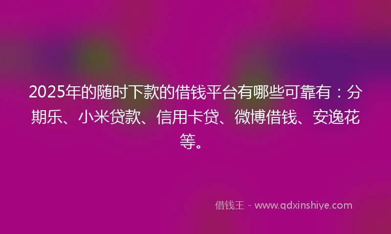 2025年的随时下款的借钱平台有哪些可靠有：分期乐、小米贷款、信用卡贷、微博借钱、安逸花等。