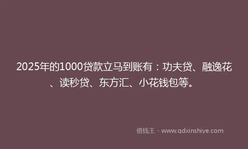 2025年的1000贷款立马到账有：功夫贷、融逸花、读秒贷、东方汇、小花钱包等。
