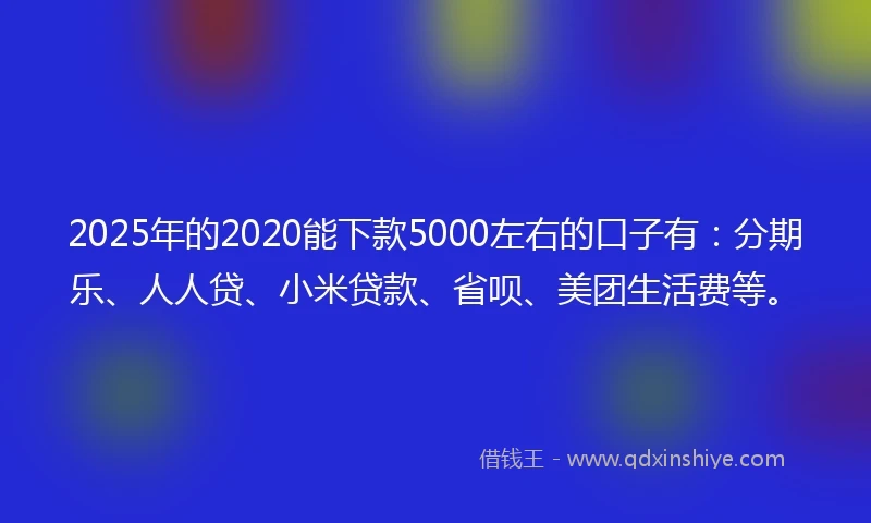 2025年的2020能下款5000左右的口子有：分期乐、人人贷、小米贷款、省呗、美团生活费等。