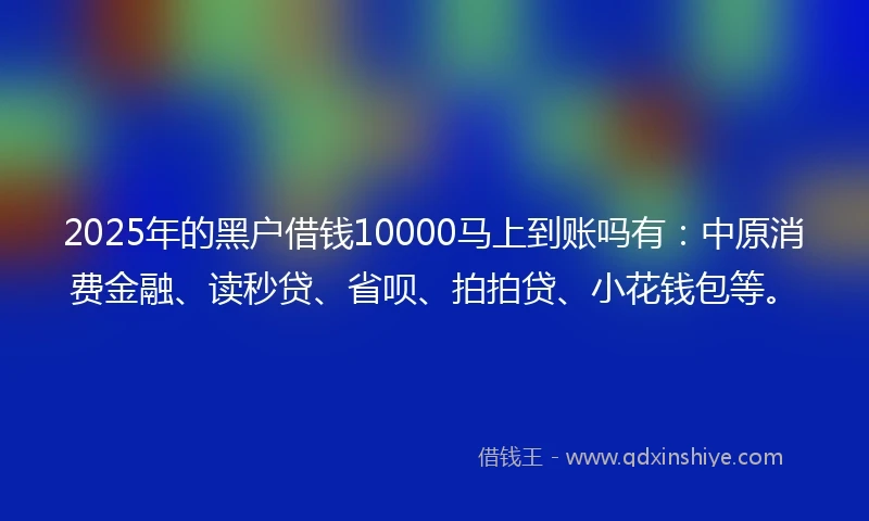 2025年的黑户借钱10000马上到账吗有：中原消费金融、读秒贷、省呗、拍拍贷、小花钱包等。