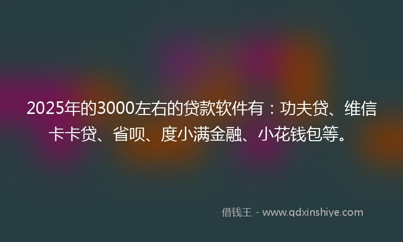 2025年的3000左右的贷款软件有：功夫贷、维信卡卡贷、省呗、度小满金融、小花钱包等。