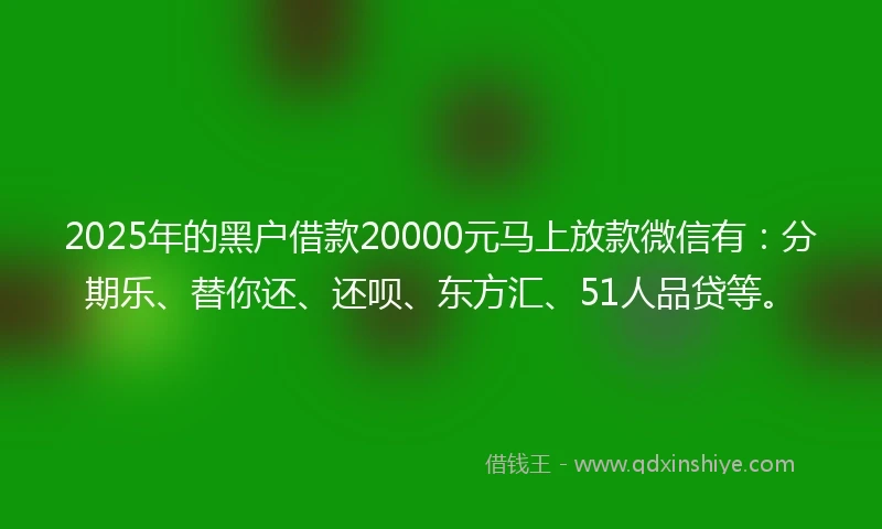2025年的黑户借款20000元马上放款微信有：分期乐、替你还、还呗、东方汇、51人品贷等。