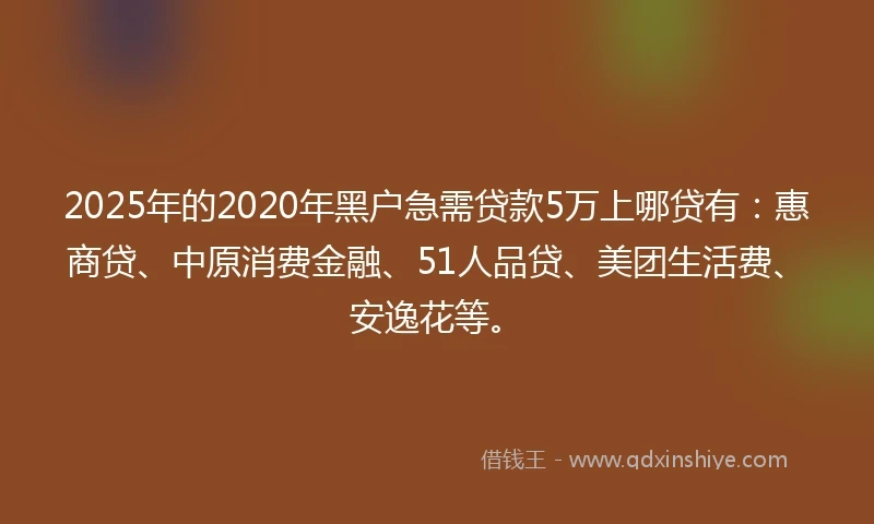 2025年的2020年黑户急需贷款5万上哪贷有：惠商贷、中原消费金融、51人品贷、美团生活费、安逸花等。