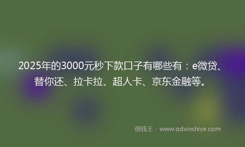 2025年的3000元秒下款口子有哪些有：e微贷、替你还、拉卡拉、超人卡、京东金融等。