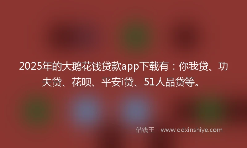 2025年的大鹅花钱贷款app下载有：你我贷、功夫贷、花呗、平安i贷、51人品贷等。
