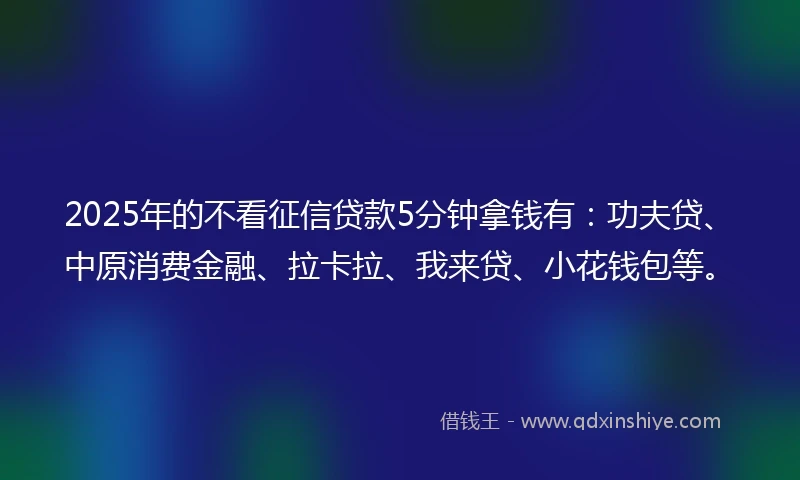 2025年的不看征信贷款5分钟拿钱有：功夫贷、中原消费金融、拉卡拉、我来贷、小花钱包等。
