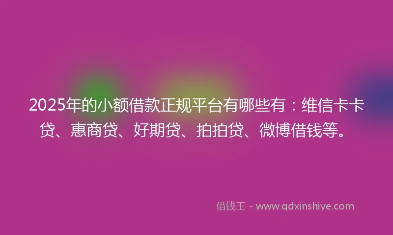 2025年的小额借款正规平台有哪些有：维信卡卡贷、惠商贷、好期贷、拍拍贷、微博借钱等。