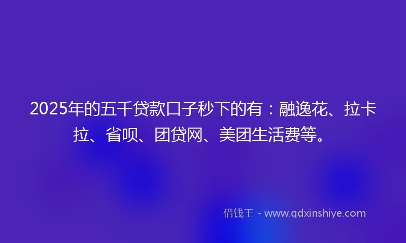 2025年的五千贷款口子秒下的有：融逸花、拉卡拉、省呗、团贷网、美团生活费等。