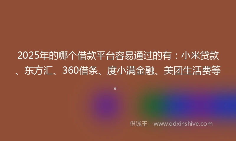 2025年的哪个借款平台容易通过的有：小米贷款、东方汇、360借条、度小满金融、美团生活费等。