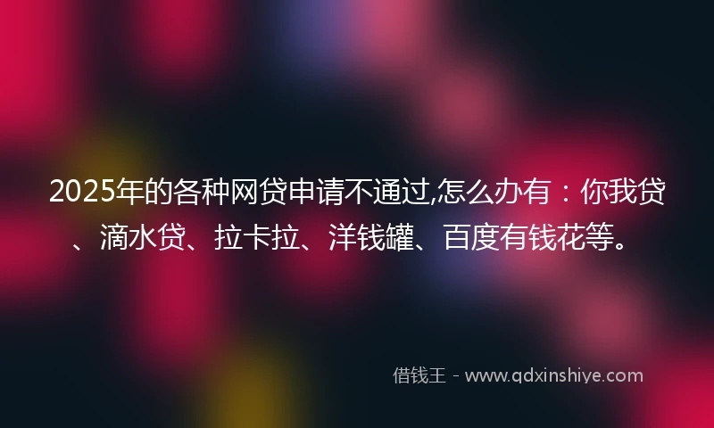 2025年的各种网贷申请不通过,怎么办有：你我贷、滴水贷、拉卡拉、洋钱罐、百度有钱花等。