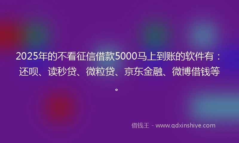 2025年的不看征信借款5000马上到账的软件有：还呗、读秒贷、微粒贷、京东金融、微博借钱等。