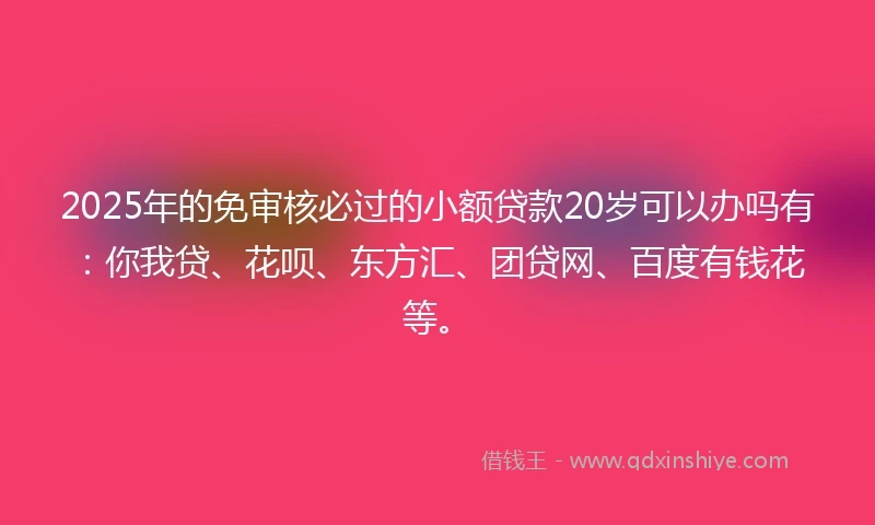 2025年的免审核必过的小额贷款20岁可以办吗有：你我贷、花呗、东方汇、团贷网、百度有钱花等。