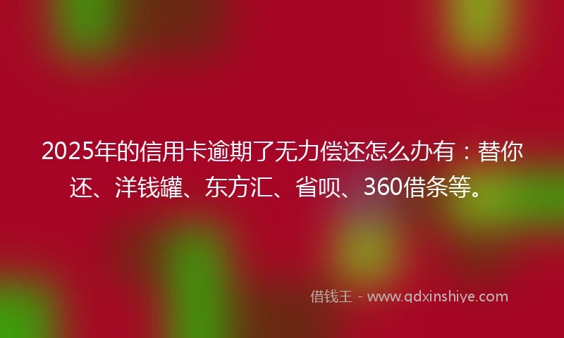 2025年的信用卡逾期了无力偿还怎么办有：替你还、洋钱罐、东方汇、省呗、360借条等。