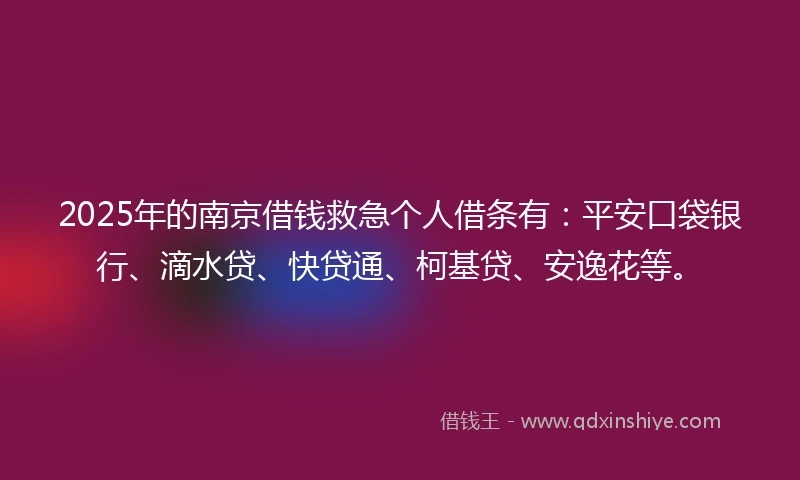 2025年的南京借钱救急个人借条有：平安口袋银行、滴水贷、快贷通、柯基贷、安逸花等。