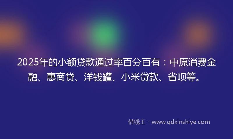 2025年的小额贷款通过率百分百有：中原消费金融、惠商贷、洋钱罐、小米贷款、省呗等。